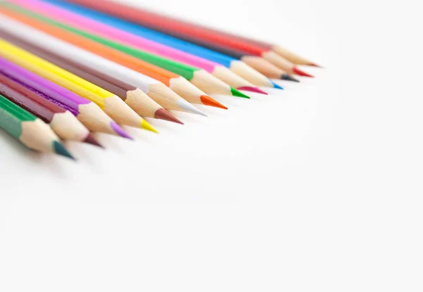 Closeup Row Colored Pencils White Background Selective Focus Copy Space — Stock Photo, Image