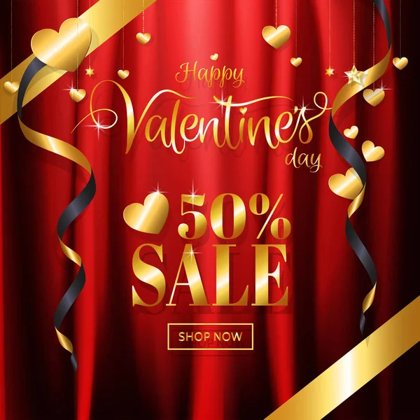 Venta San Valentín Lujo Con Caligrafía Fondo Oro Rojo Corazón — Vector de stock