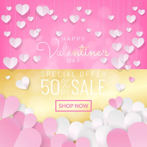 Banner Fondo San Valentín Venta Día Rosa Oro Colgando Corazones — Vector de stock