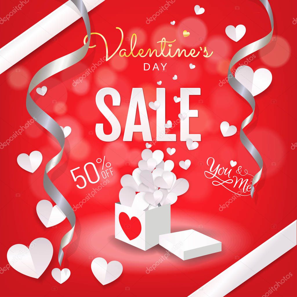 Valentine's Day sale banner red background, Open gift box with hearts paper cut style (paper art, papercut, digital craft) design for sale promotion banner, brochure, advertising. Vector illustration