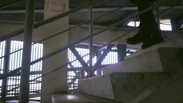 Flickan går ner gamla trappan — Stockvideo