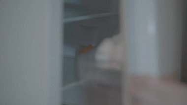 El çeker taze limon buzdolabı gelen kapatın. Sarı limon tazelik buzdolabında tutarak. Narenciye buzdolabında. 4k video