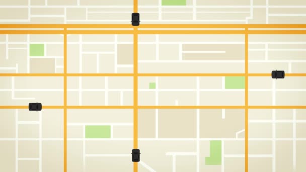 Les voitures de dessin animé noires se déplacent sur la carte. Service de taxi dans l'application sur le PC. Il peut être vu où les voitures de taxi disponibles passent. Une simulation de ride sharing app map écran arrière-plan pour une tablette . — Video