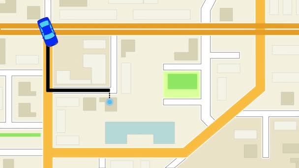 Carro azul do serviço de táxi leva o passageiro. Na tela do seu telefone ou computador, você pode ver o mapa onde o carro do táxi. Ícone de geolocalização . — Vídeo de Stock