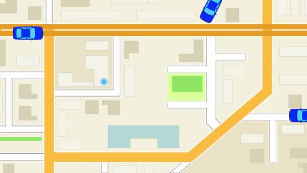 Le auto dei cartoni animati blu si muovono sulla mappa. Servizio taxi nell'applicazione al telefono. Si può vedere dove passano le auto taxi disponibili. Una schermata di sfondo simulata della mappa dell'app di condivisione della corsa per un tablet . — Video Stock