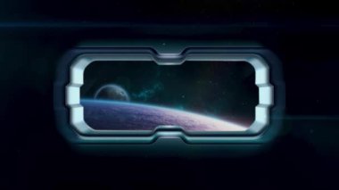 Toprak, ay ve Samanyolu için Porthole güzel görünümü. 4k videoda birçok yıldız.
