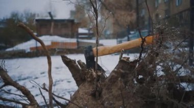 Kütükte sıkışmış tahta saplı bir balta. Kışın ormansızlaşma, dışarıda kar yağar. Kar taneleri baltanın üzerine ve ölü bir ağaca düşer..