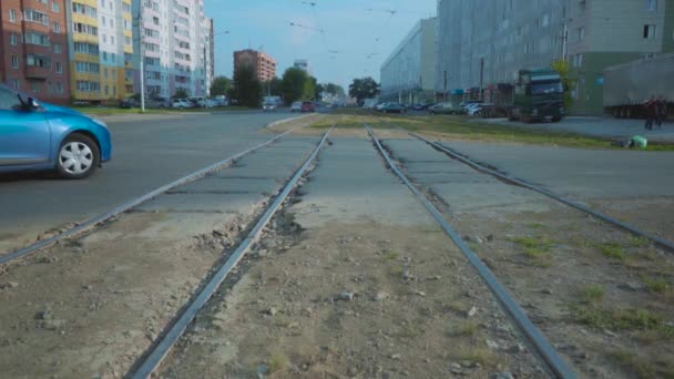 Car Moves Old Rails Bad Roads Russia Pits Asphalt Destroyed — Stock Video