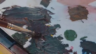 Renkli yağlı boyaların içine boya fırçası koymak. Sanatçının eli bir palette renkleri birbirine karıştırır..