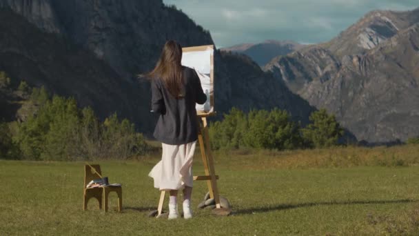 美しい少女は山の中で絵を描く プロのアーティストがモルバートの風景を作り出します 趣味趣味そして新鮮な空気中で働く — ストック動画