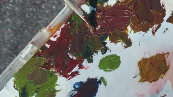 将油漆刷放入色彩艳丽的油画中 画家的手在调色板上把色彩混合在一起 — 图库视频影像