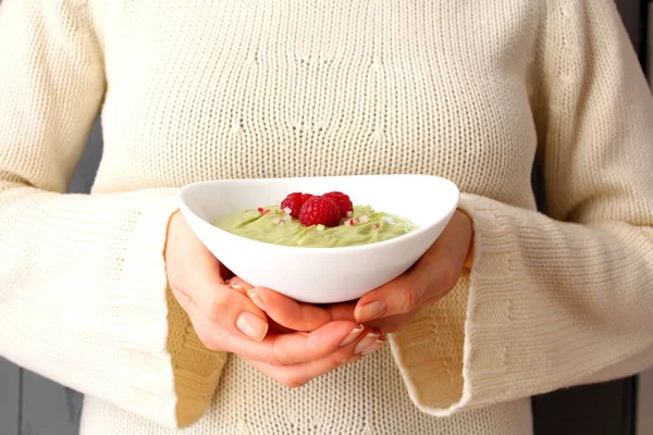 Avocado Smoothie Bowl Raspberries Healthy Breakfast Diet Food Concept Top — Stock Photo, Image