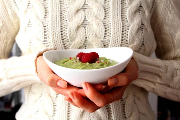 Avocado Smoothie Bowl Raspberries Healthy Breakfast Diet Food Concept Top — Stock Photo, Image