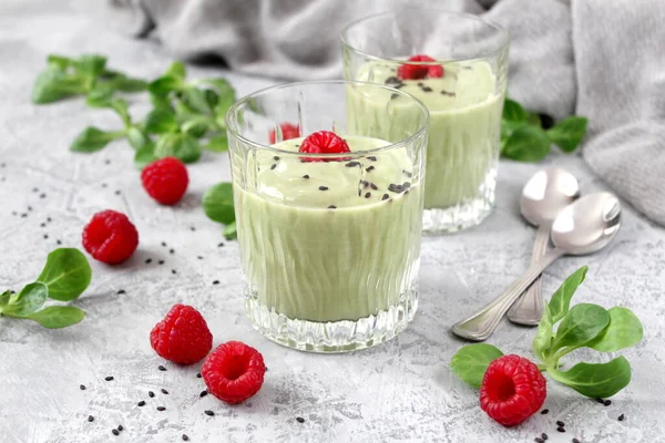 Homemade Avocado Smoothie Served Raspberries Light Background Top View Copy — Stock Photo, Image
