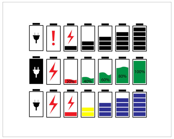 Значки индикатора уровня энергии батареи, изолированные на белом фоне
