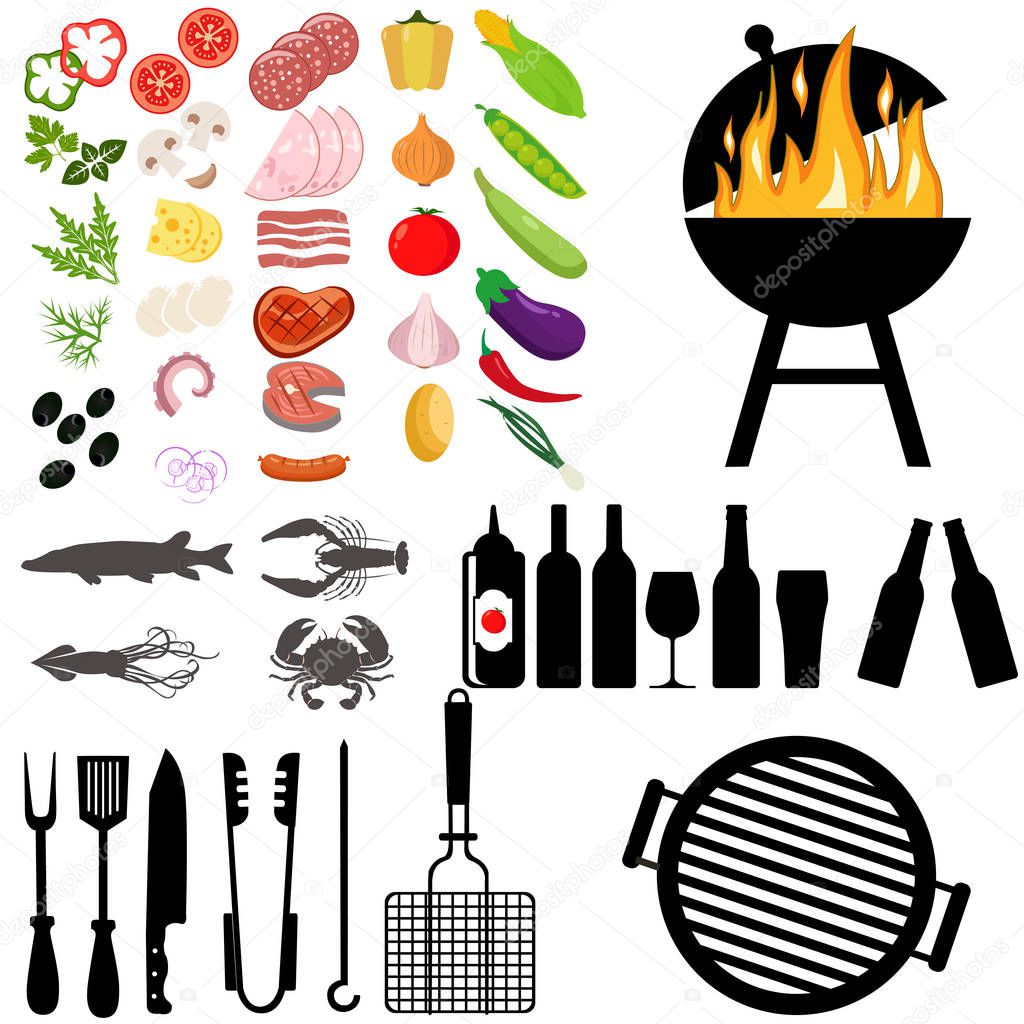 BBQ grill, meat barbecue, restaurant, party, at home dinner. Vector products skewer grilling kitchen equipment flat illustration