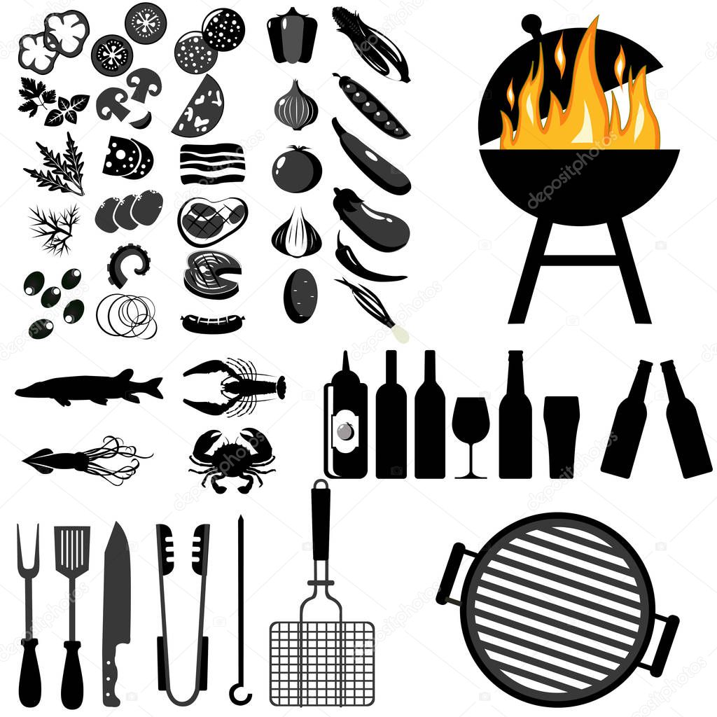 Grill, barbecue icon set on white background. Grilled vegetables, meat, steak and sausage. Bbq grill and food grilled, tools and vegetables illustration