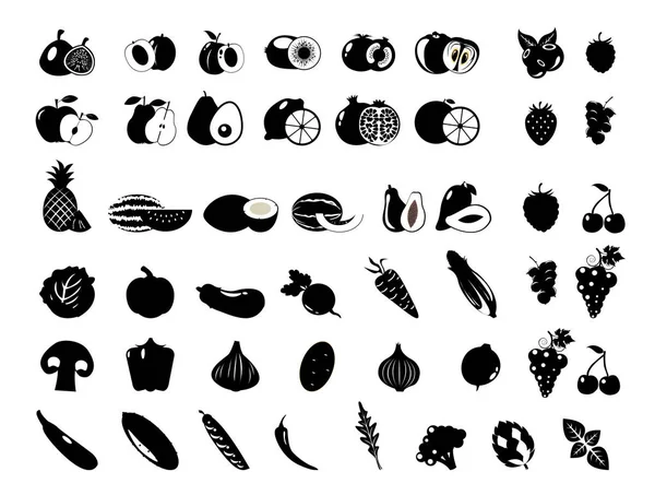 Illustration Noir Blanc Ensemble Différents Légumes Fruits Frais Une Collection — Image vectorielle