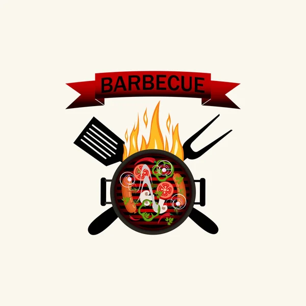Λογότυπο Στη Σχάρα Τρόφιμα Μπάρμπεκιου Φλόγες Σκεύη Και Κόκκινο Τόξο — Διανυσματικό Αρχείο