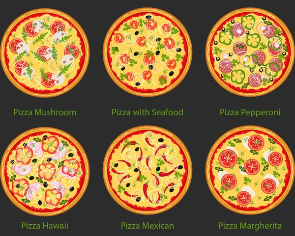 Farklı malzemelerle pizza kümesi. Vektör düz pizza siyah arka plan üzerinde.