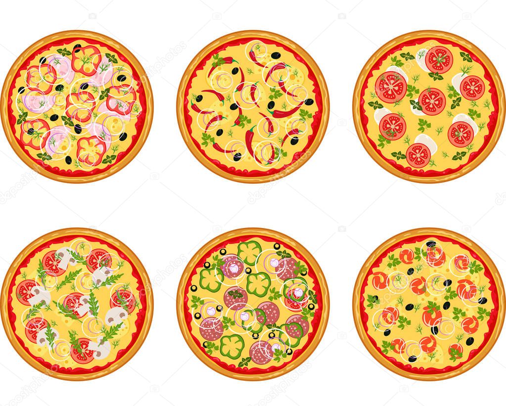 Set of pizza with different ingredients. Vector flat pizza on white background.