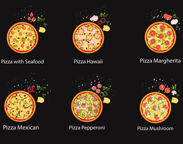 Conjunto Pizza Com Ingredientes Diferentes Vector Pizza Plana Fundo Preto —  Vetores de Stock