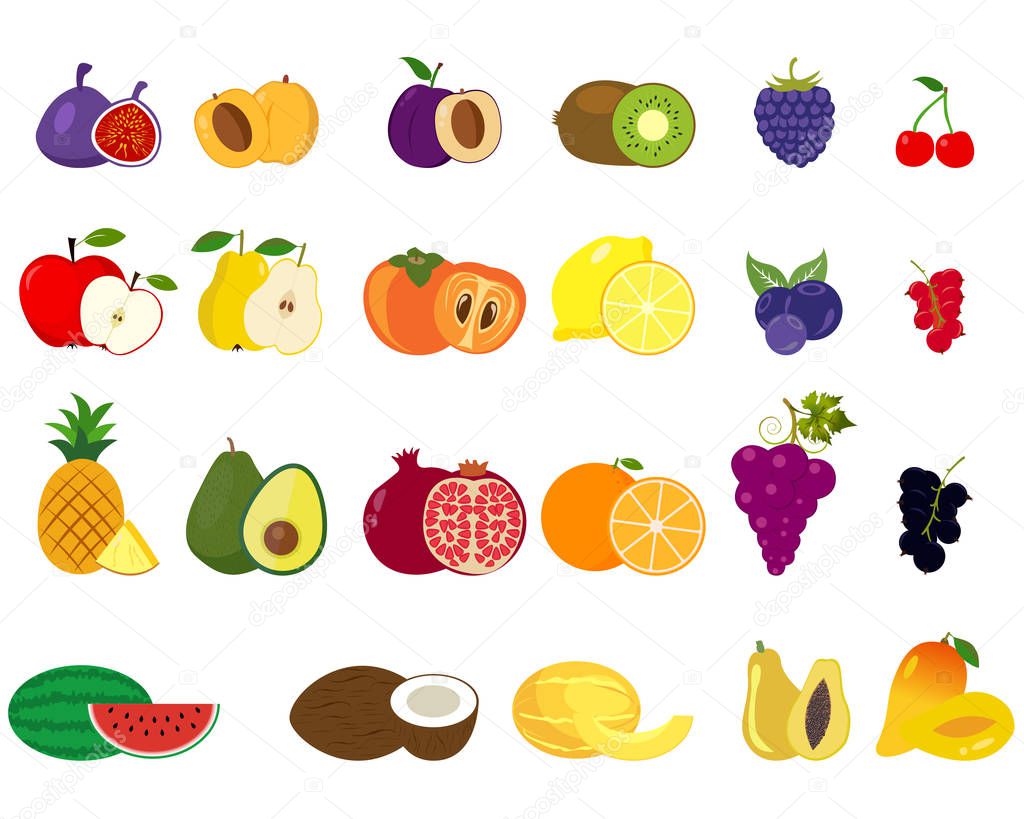 Set of different kinds of fruits icons. Collection of flat design icons presenting different types of fruits isolated on white background.