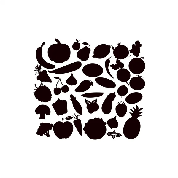 Ensemble Icônes Fruits Légumes Silhouettes Vectorielles Fruits Légumes Baies Sur — Image vectorielle