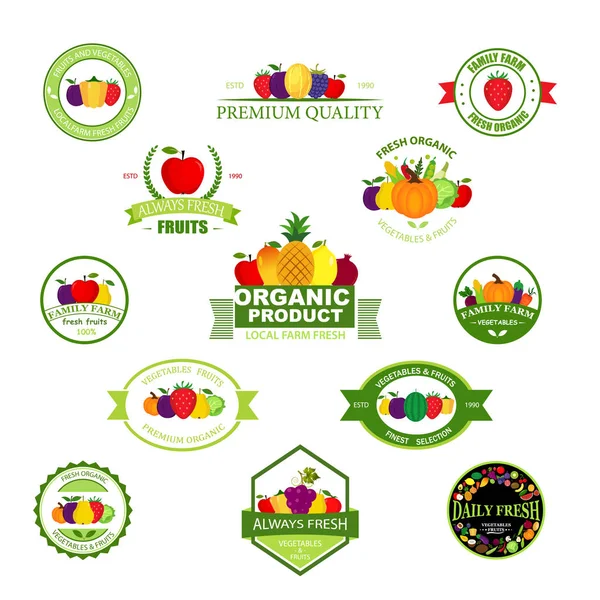 Prodotti Dell Agricoltura Biologica Etichette Vettoriali Emblemi Distintivi Loghi Set — Vettoriale Stock