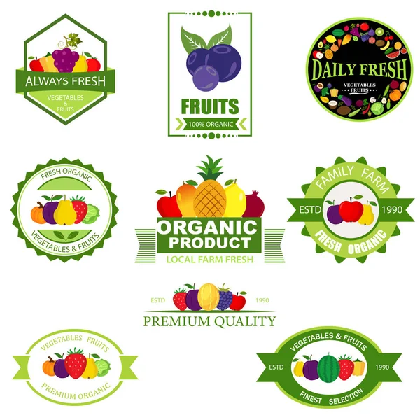 Prodotti Dell Agricoltura Biologica Etichette Vettoriali Emblemi Distintivi Loghi Set — Vettoriale Stock