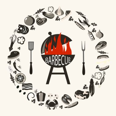 Barbekü nesneleri kümesi. Barbekü çatal topluluğu ve çeşitli et yemekleri, vektör şekil, simgelerin ızgara biftek ve sosis, sebze ve kebap, bıçak ve kılavuz. Gri Barbekü nesneleri kümesi