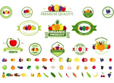 Bakkaliye, meyve ve sebze amblemi kümesi tarım ve çiftlik market, paketleme ve reklam. Meyve tasarım öğeleri