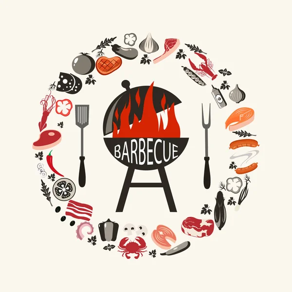 Barbekü nesneleri kümesi. Barbekü çatal topluluğu ve çeşitli et yemekleri, vektör şekil, simgelerin ızgara biftek ve sosis, sebze ve kebap, bıçak ve kılavuz. Gri ve kırmızı Barbekü nesneleri kümesi
