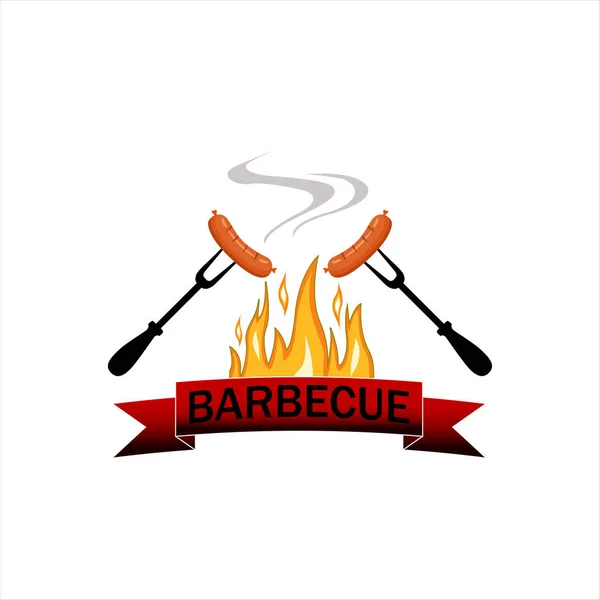 Logo ızgara gıda: Barbekü alevler ve iki sosis. Beyaz arka plan üzerinde izole