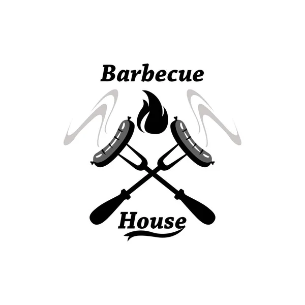 Λογότυπο Στη Σχάρα Τρόφιμα Μπάρμπεκιου Τις Φλόγες Και Δύο Λουκάνικα — Διανυσματικό Αρχείο