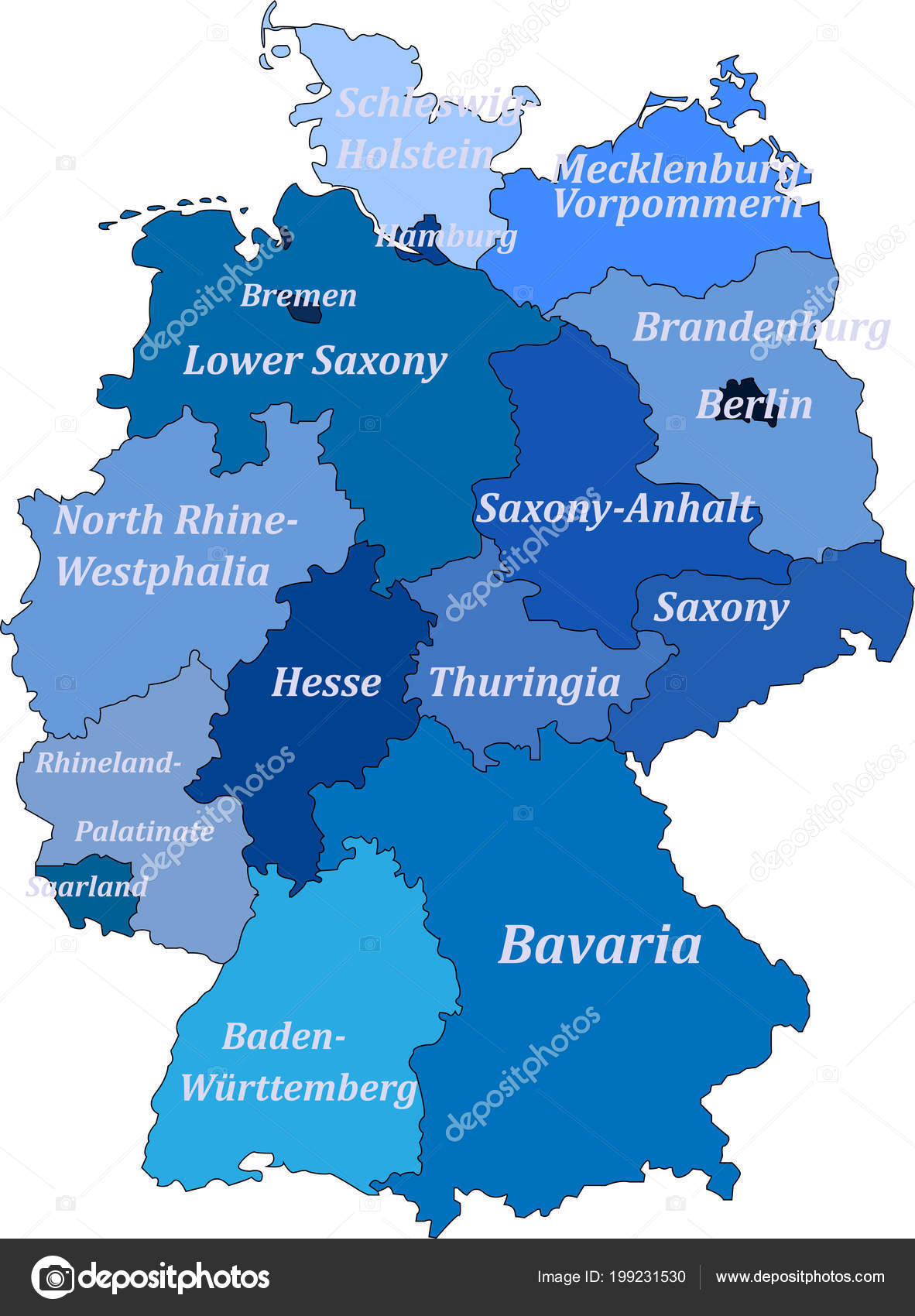 Mapa de Alemania. Sin las capitales nombres pero con los nombres de las