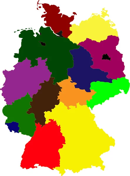 Landkarte Von Deutschland Auf Weißem Hintergrund Mit Farbiger Mehrfarbiger Darstellung — Stockvektor