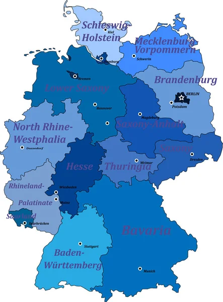 Landkarte Von Deutschland Auf Weißem Hintergrund Mit Länder Und Hauptstadtgrenzen — Stockvektor