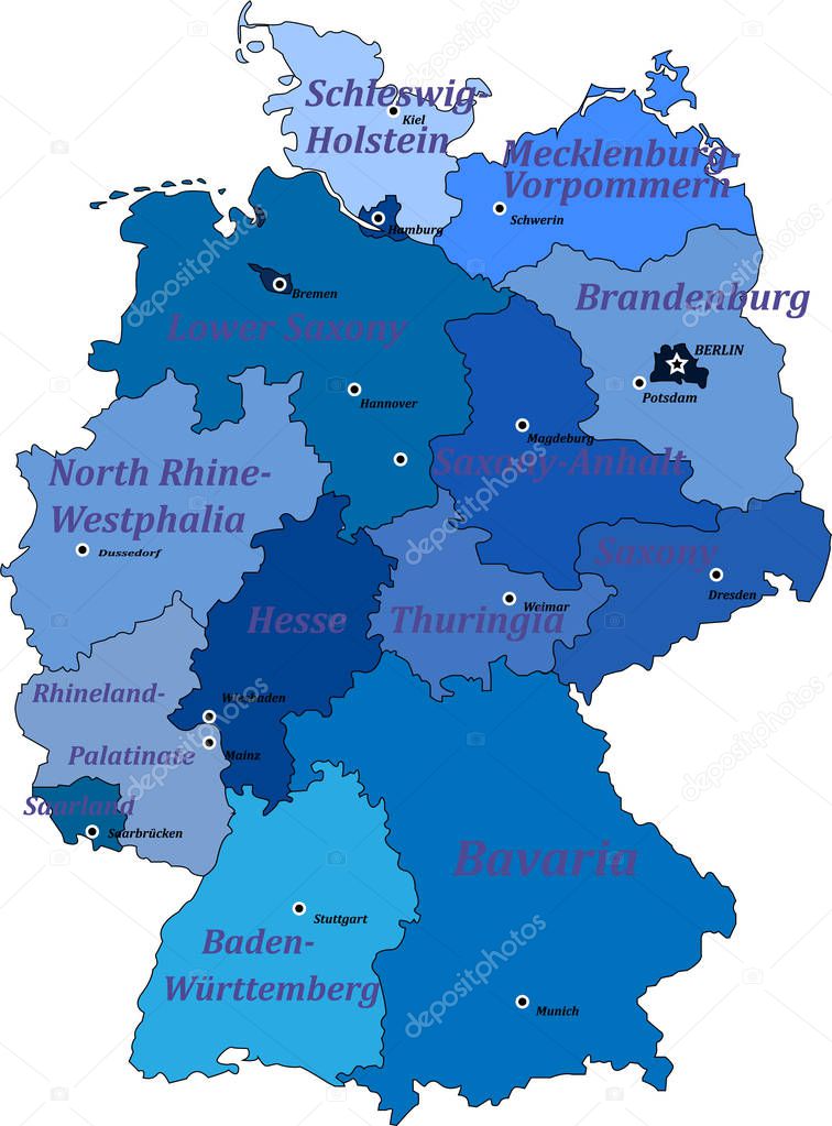 Map of germany on a white background with borders of lands and capitals.  With the names of lands and capitals