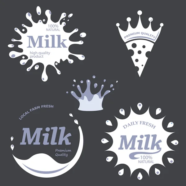 Süt etiketleri kümesi vektör. Sıçrama ve tasarım leke, ürün logosu süt