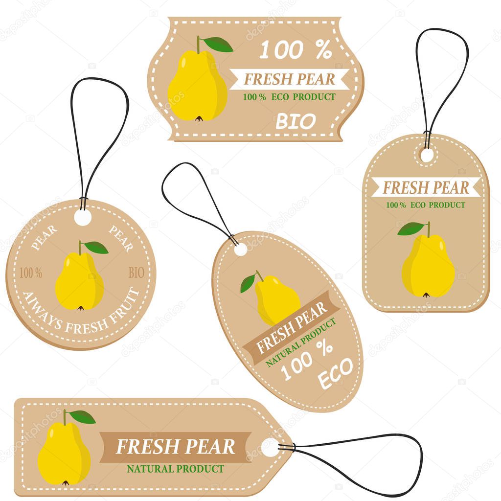 Labels with various fruits,for pear  and inscriptions. Set templates price tags for shops and markets of organic vegetarian food. Vector illustration