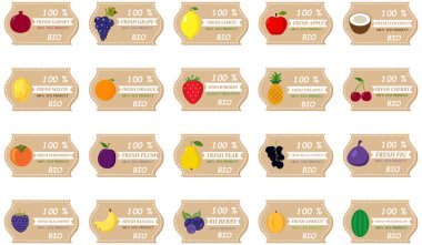 Çeşitli meyve ve yazıtlar içeren etiketleri. Pazarlar ve organik gıda dükkanı için şablon ayarla fiyat etiketleri. Vektör çizim