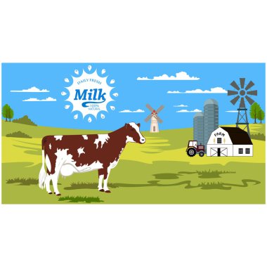 İnek ve sıçrama ile kırsal manzara. İnek ve çiftlik kırsal manzara yaz.