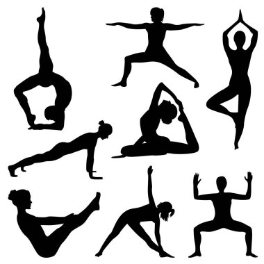 Siluetleri pratik yoga bir kız. Kadının yoga fitness egzersiz yapması şekiller. Yoga pozisyonları kümesi.