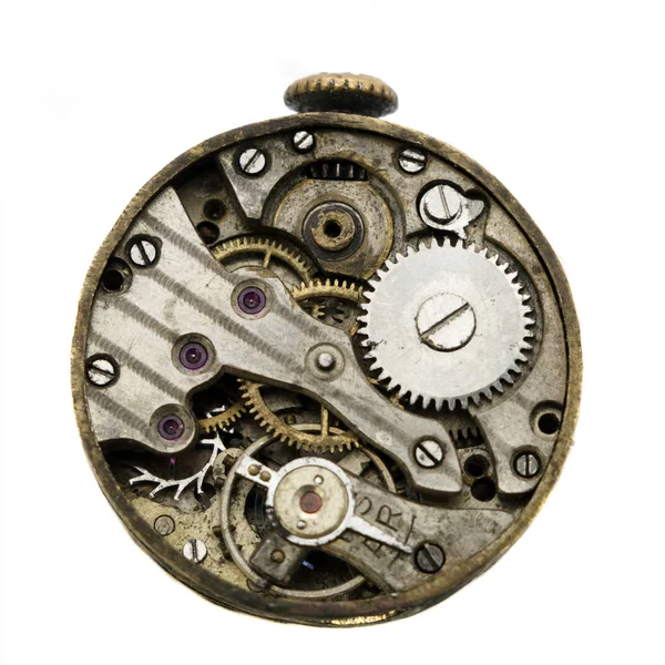 Vintage eski saat beyaz arka plan üzerinde izole. Macrophoto küçük bir eski clockwork arka plan