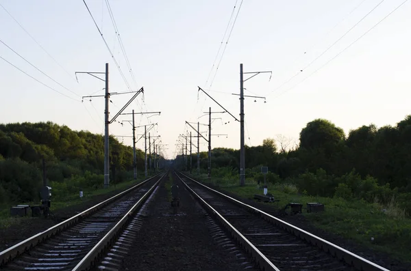 Electrified Double Track Railway Sunset — Stock Photo, Image