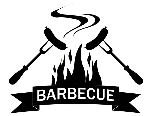Siyah ve beyaz logo yemek ızgara. Alevler ile barbekü. Kızarmış sosis dumanlı
