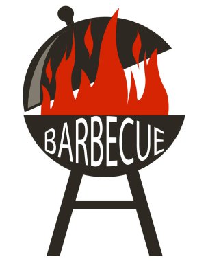 Barbekü simge siyah stil beyaz arka plan üzerinde izole içinde. Kırmızı bere ve ateş ile taşınabilir yuvarlak Barbekü