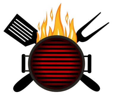 Barbekü logosunu görmeniz gerekir. Barbekü menüsü logosu şablonu desig. Izgara, çatal arka plan üzerinde ateş. Sıcak ateş alev sembolü.