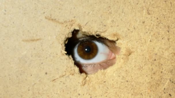 Женский глаз смотрит сквозь дыру в стене — стоковое видео